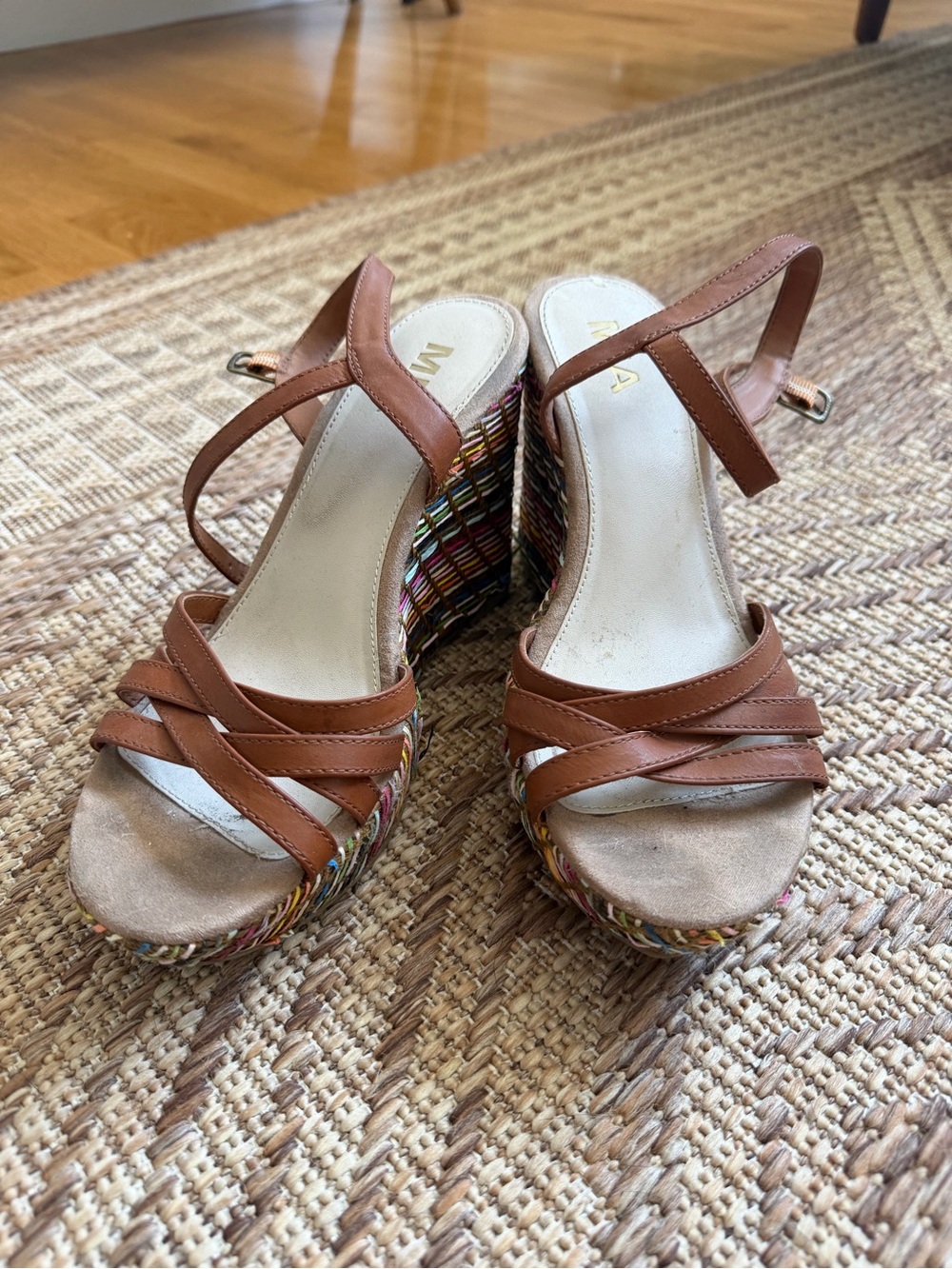 MIA Brown Strappy Wedge Sandals with Multicolor Braided Platform